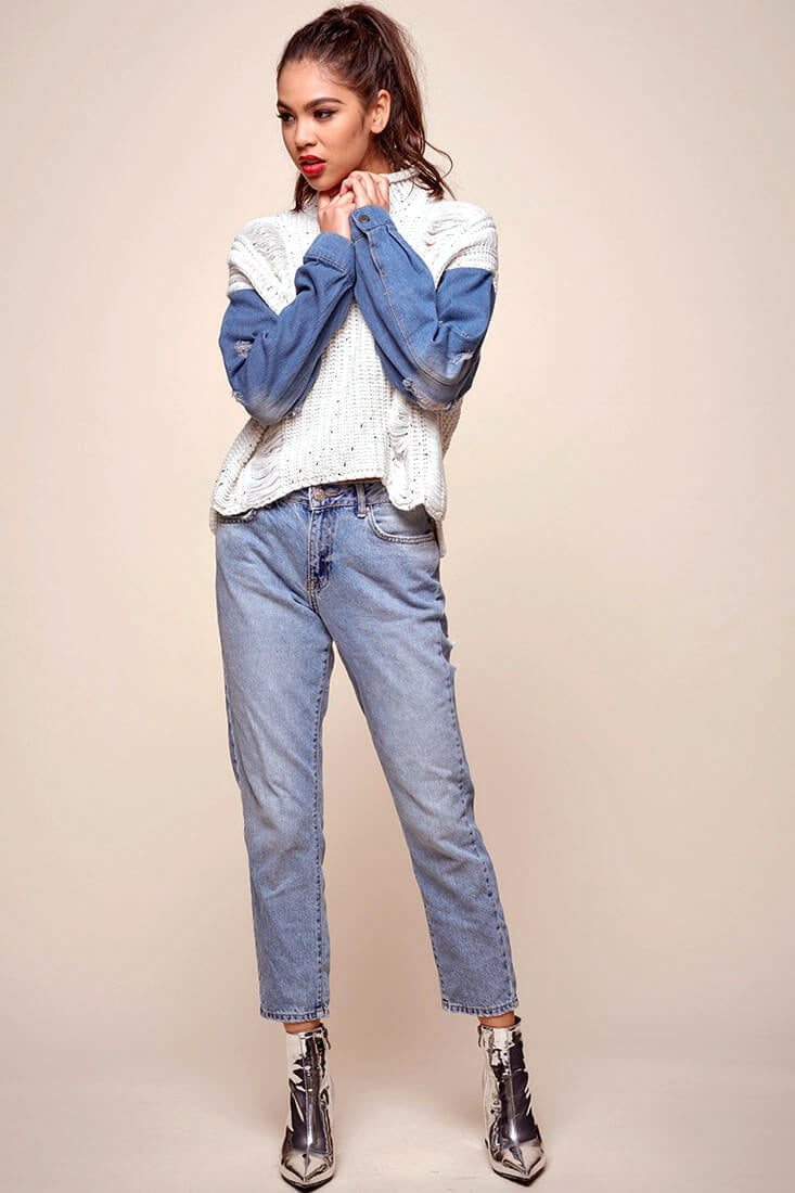 Dawn Denim Sleeved Knit Sweater Marble Blue