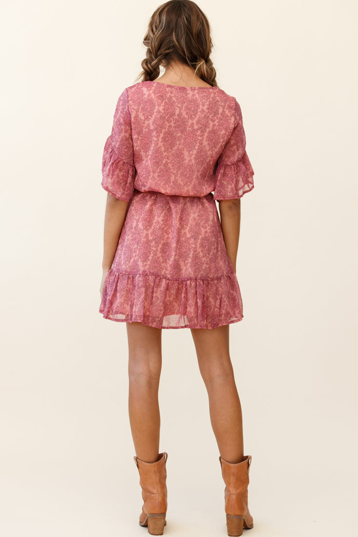 Azealia Ruffle Hem Dress Floral Pattern Pink