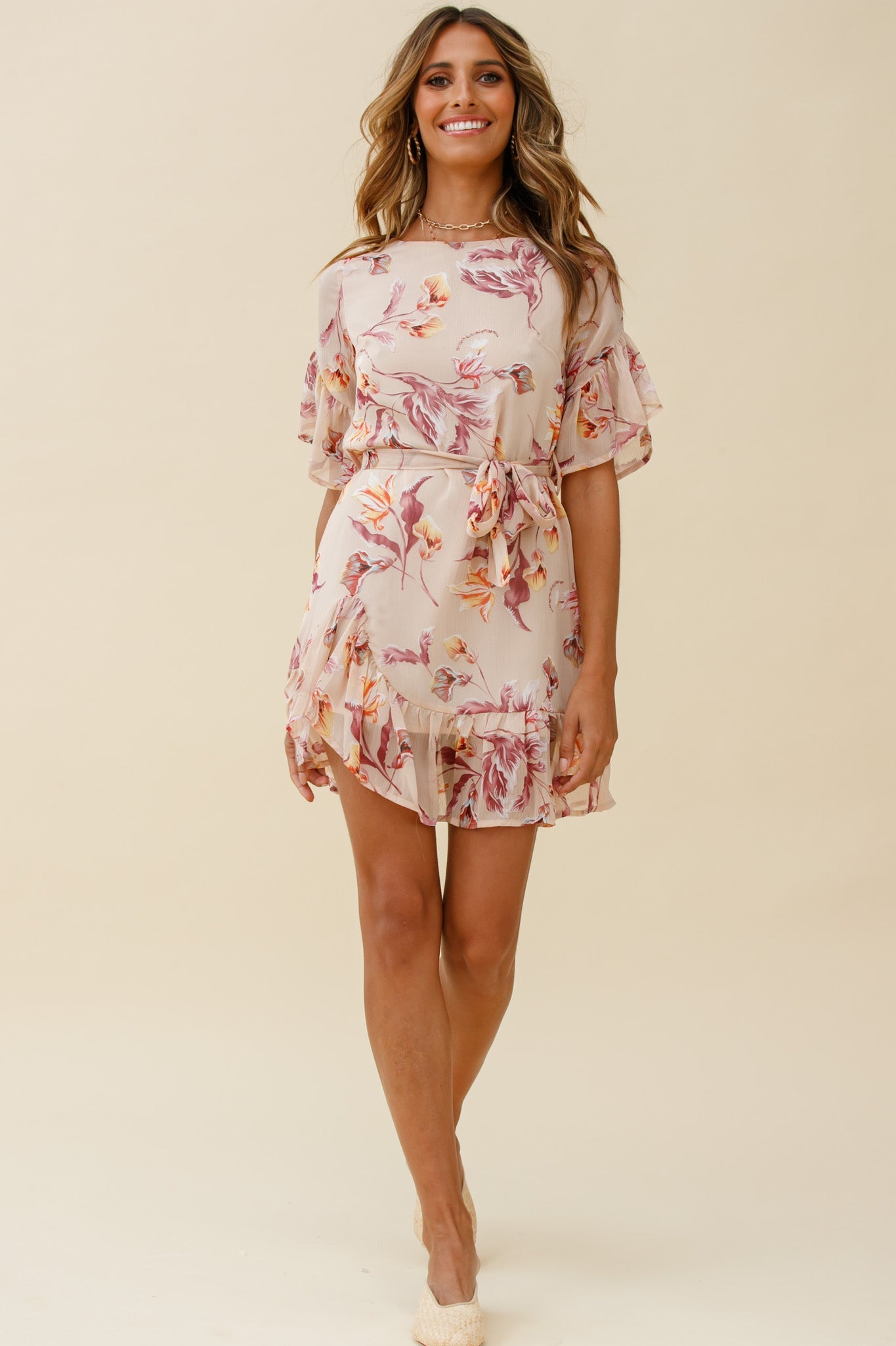 Azealia Ruffle Hem Dress Botanic Print Beige