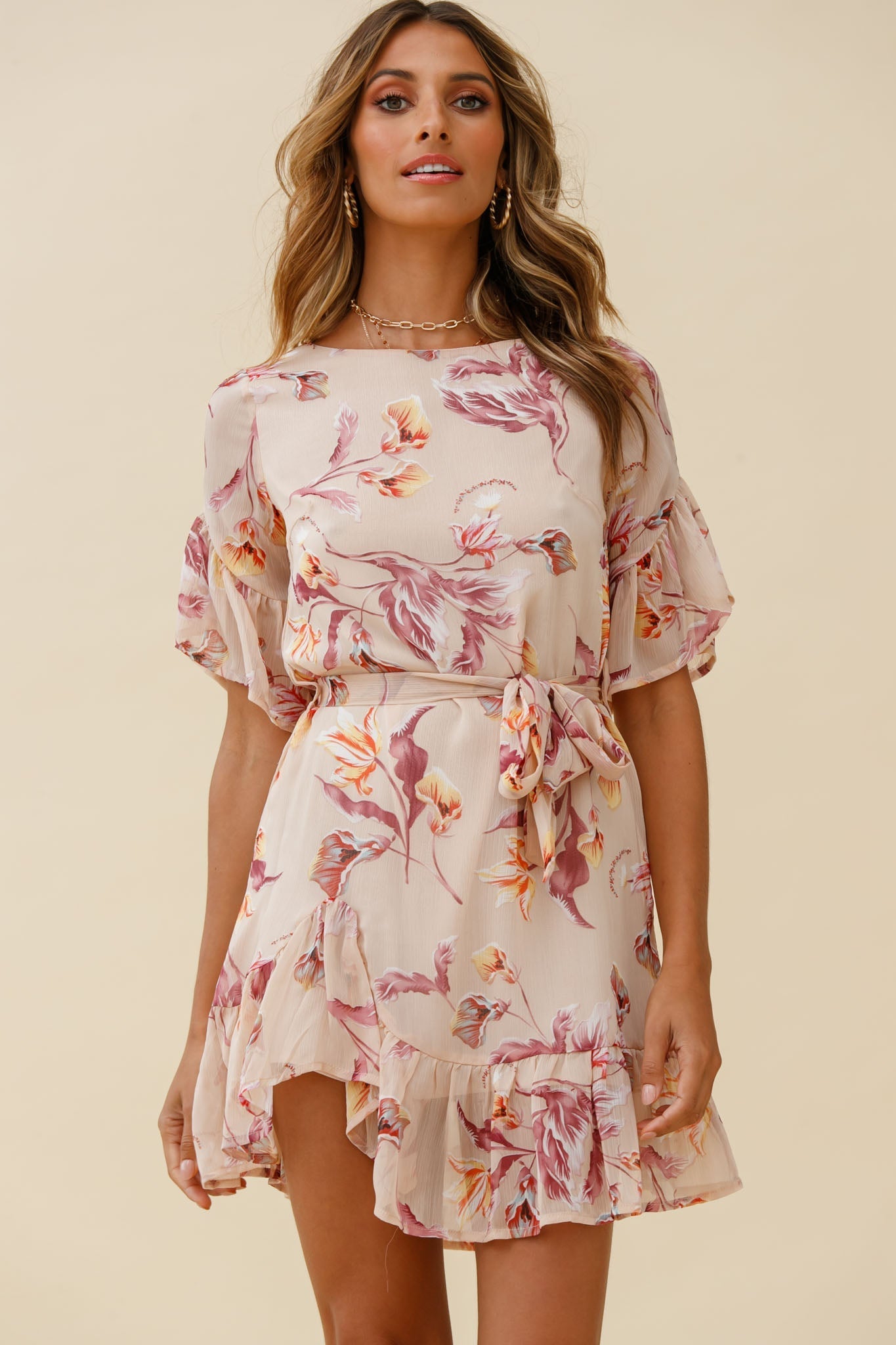 Azealia Ruffle Hem Dress Botanic Print Beige