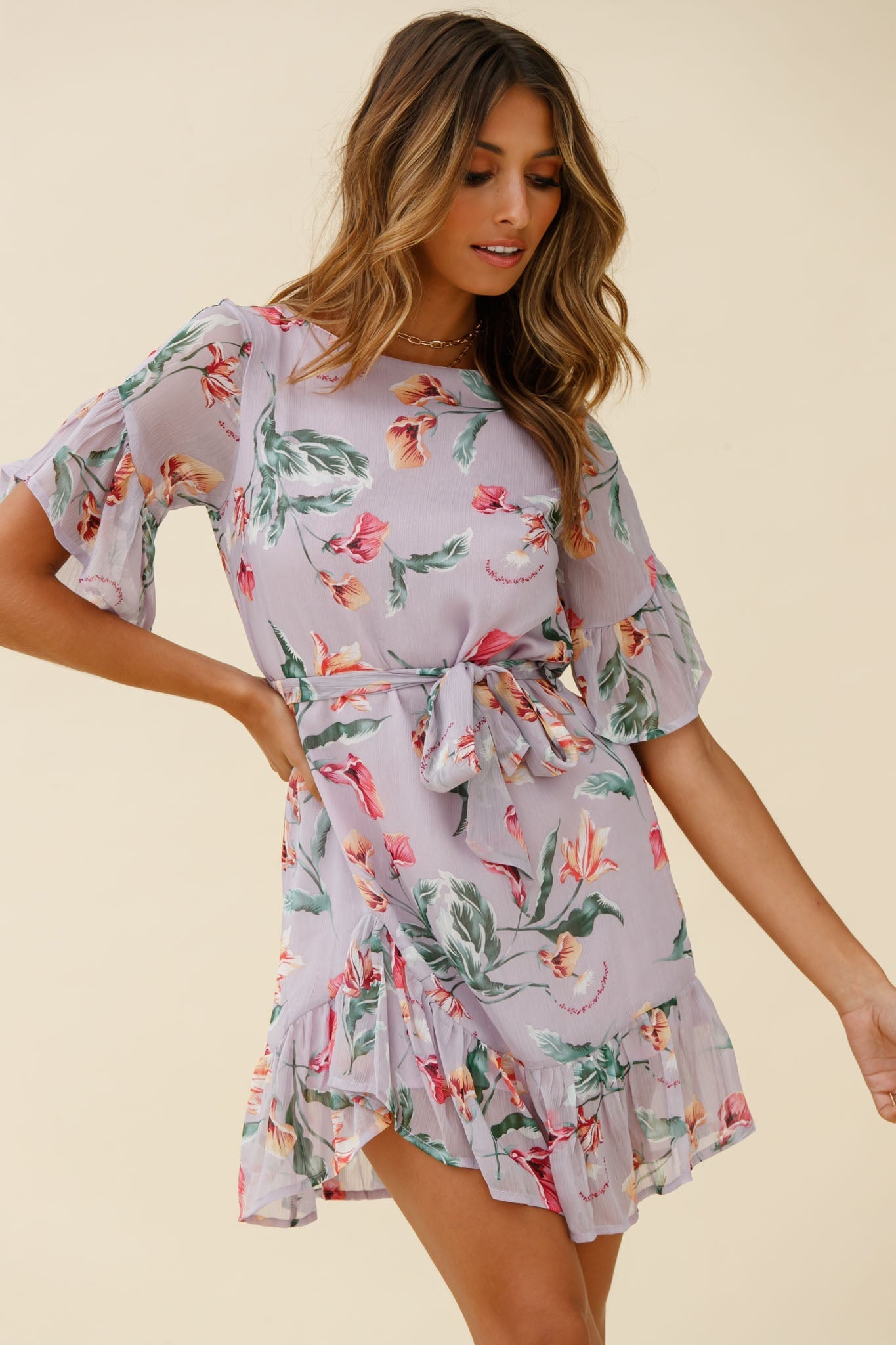 Azealia Ruffle Hem Dress Botanic Print Purple
