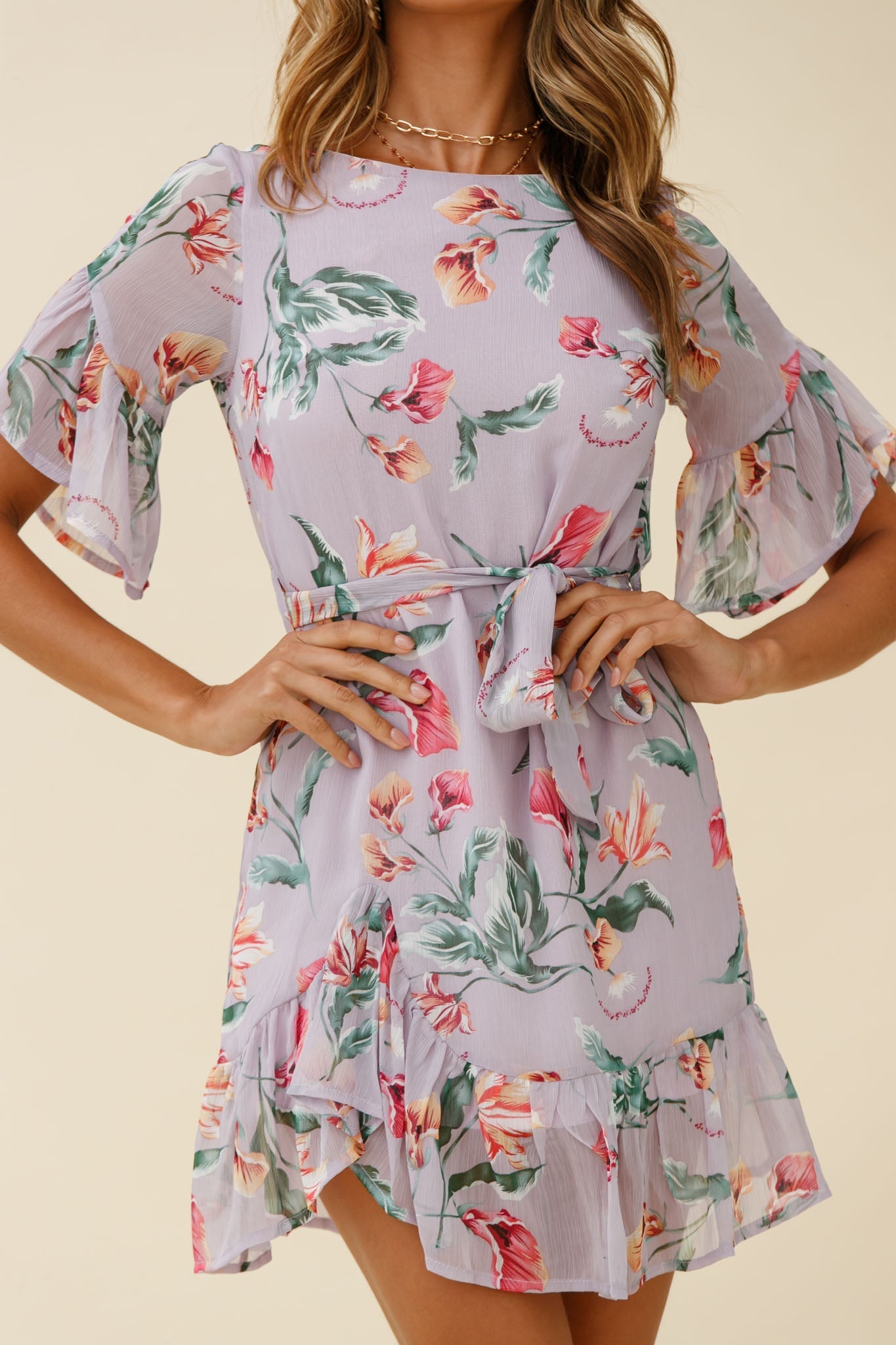 Azealia Ruffle Hem Dress Botanic Print Purple