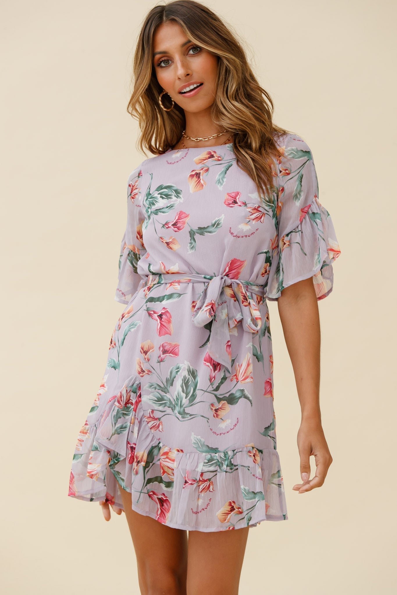 Azealia Ruffle Hem Dress Botanic Print Purple