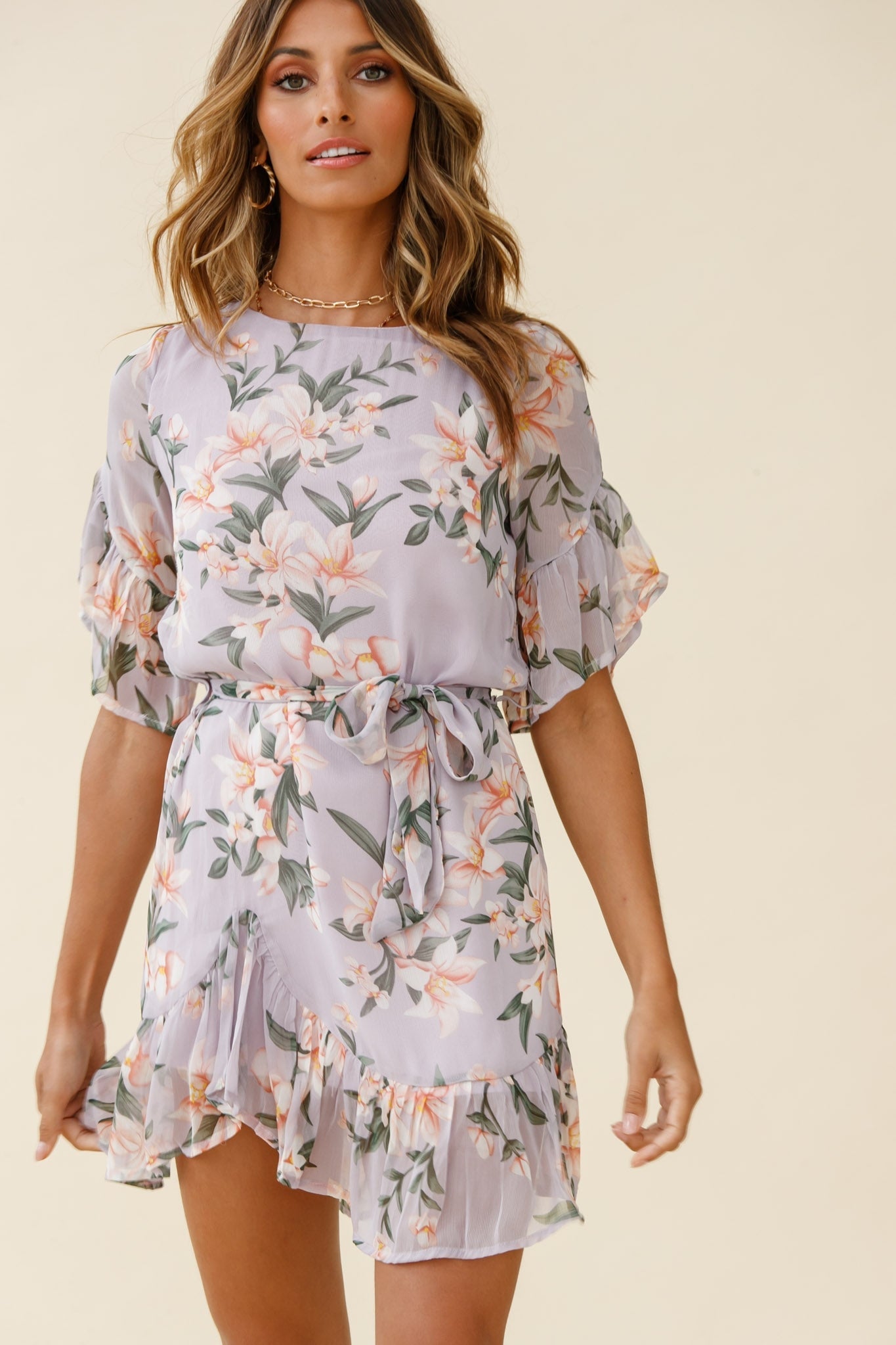 Azealia Ruffle Hem Dress Flower Print Purple
