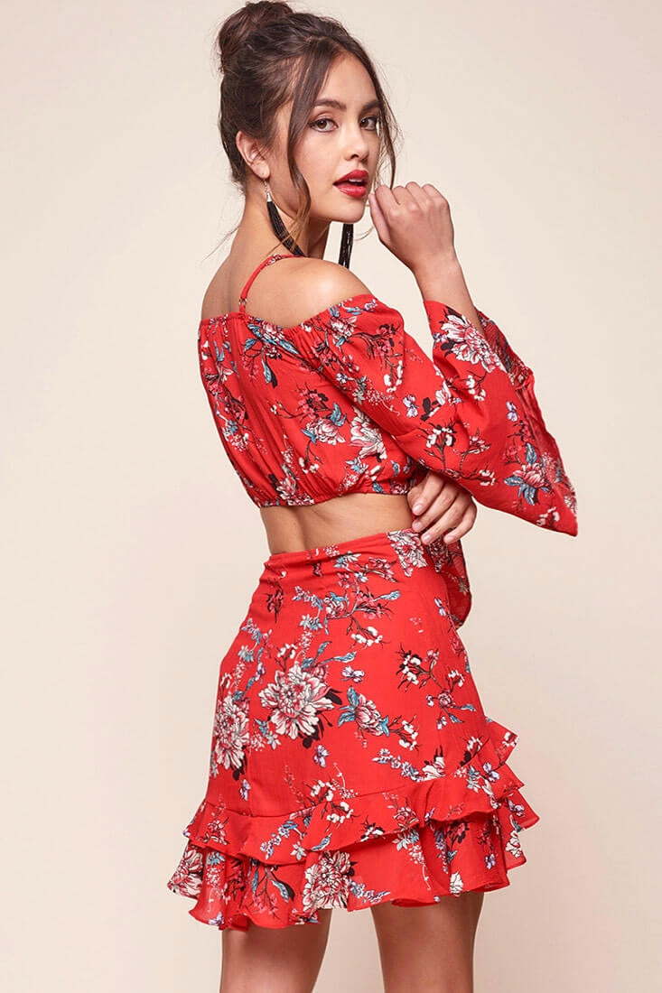 Bellisario Floral Ruffle Caribbean Skirt Red
