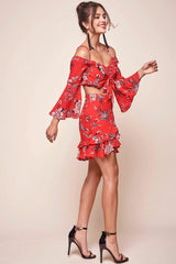 Bellisario Floral Ruffle Caribbean Skirt Red