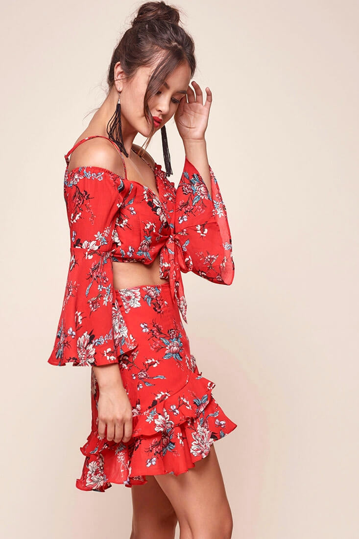 Bellisario Floral Ruffle Caribbean Skirt Red