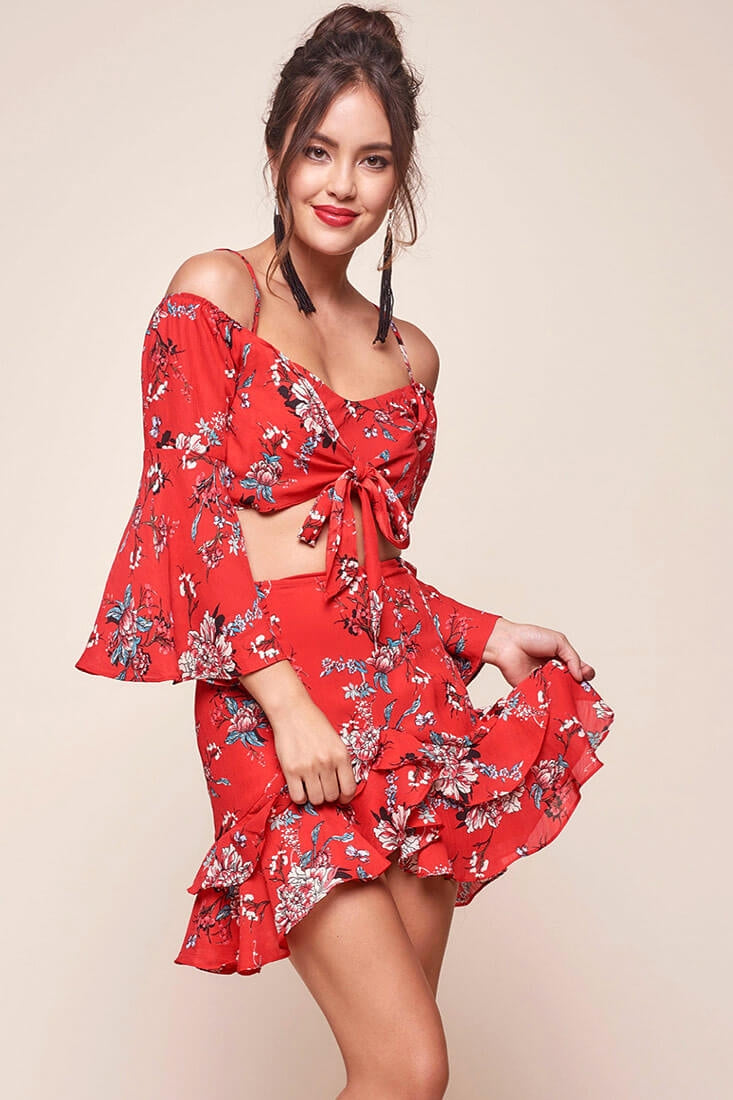 Bellisario Floral Ruffle Caribbean Skirt Red