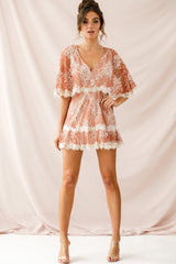Caspar Batwing Lace Dress Rose/Beige