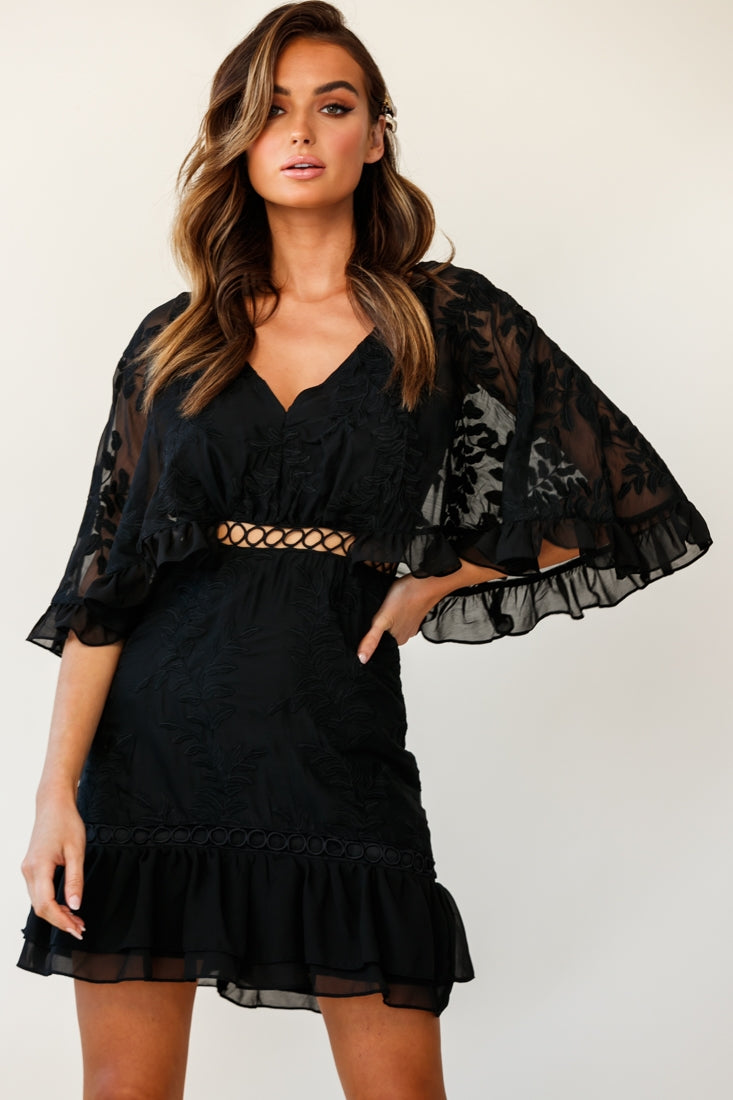 Caspar Leafy Embroidered Dress Black Tall