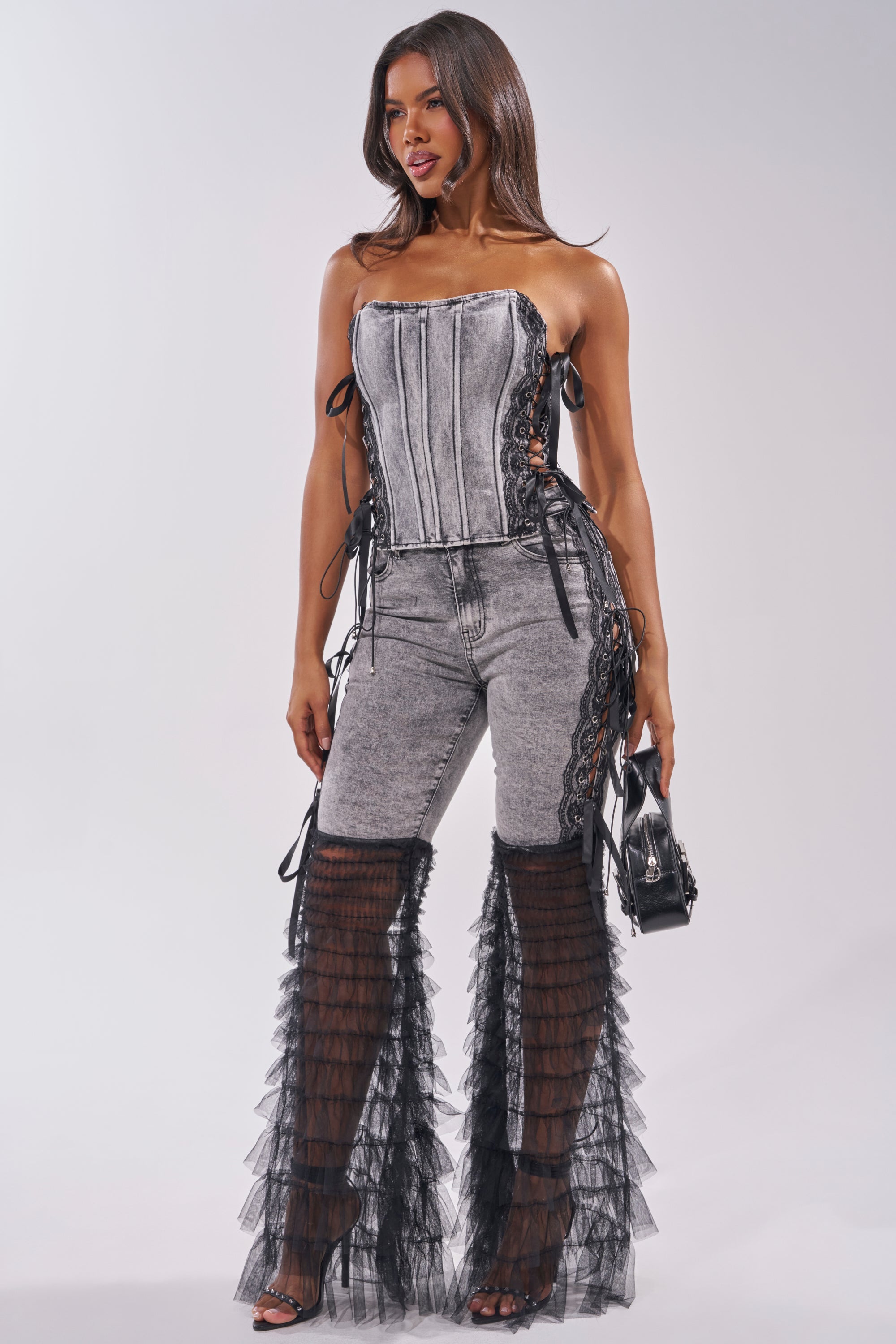 TICKED AND TIED LACE DETAIL DENIM CORSET