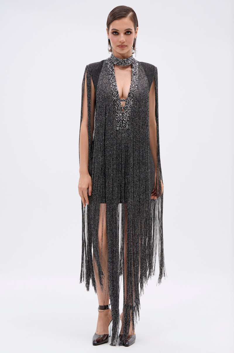 MIXED MESSAGES METALLIC BANDAGE MINI DRESS WITH FRINGE