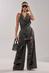 LEILA DISTRESSED WIDE LEG JOGGER
