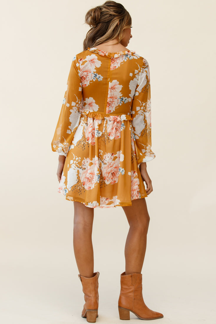 Cutie Pie Long Sleeve Babydoll Dress Rose Print Mustard