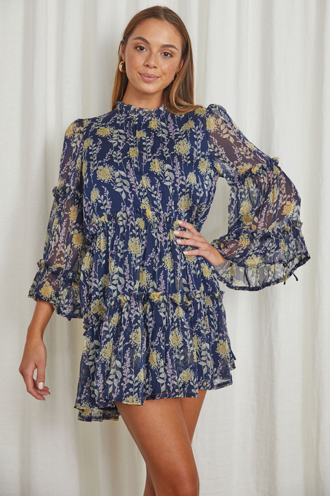 Beatrix High Neck Balloon Sleeve Dress Floral Midnight Blue