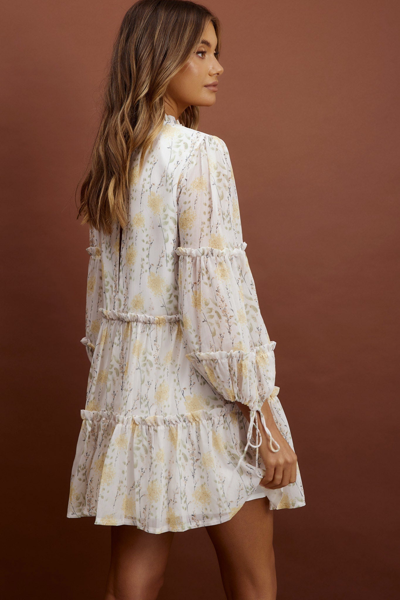 Beatrix High Neck Balloon Sleeve Dress Floral Yellow