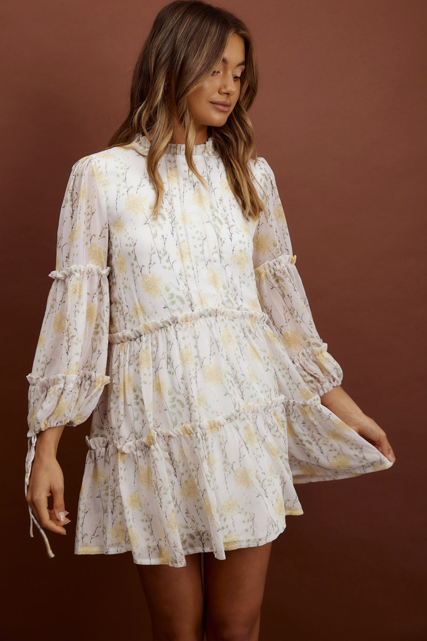 Beatrix High Neck Balloon Sleeve Dress Floral Yellow