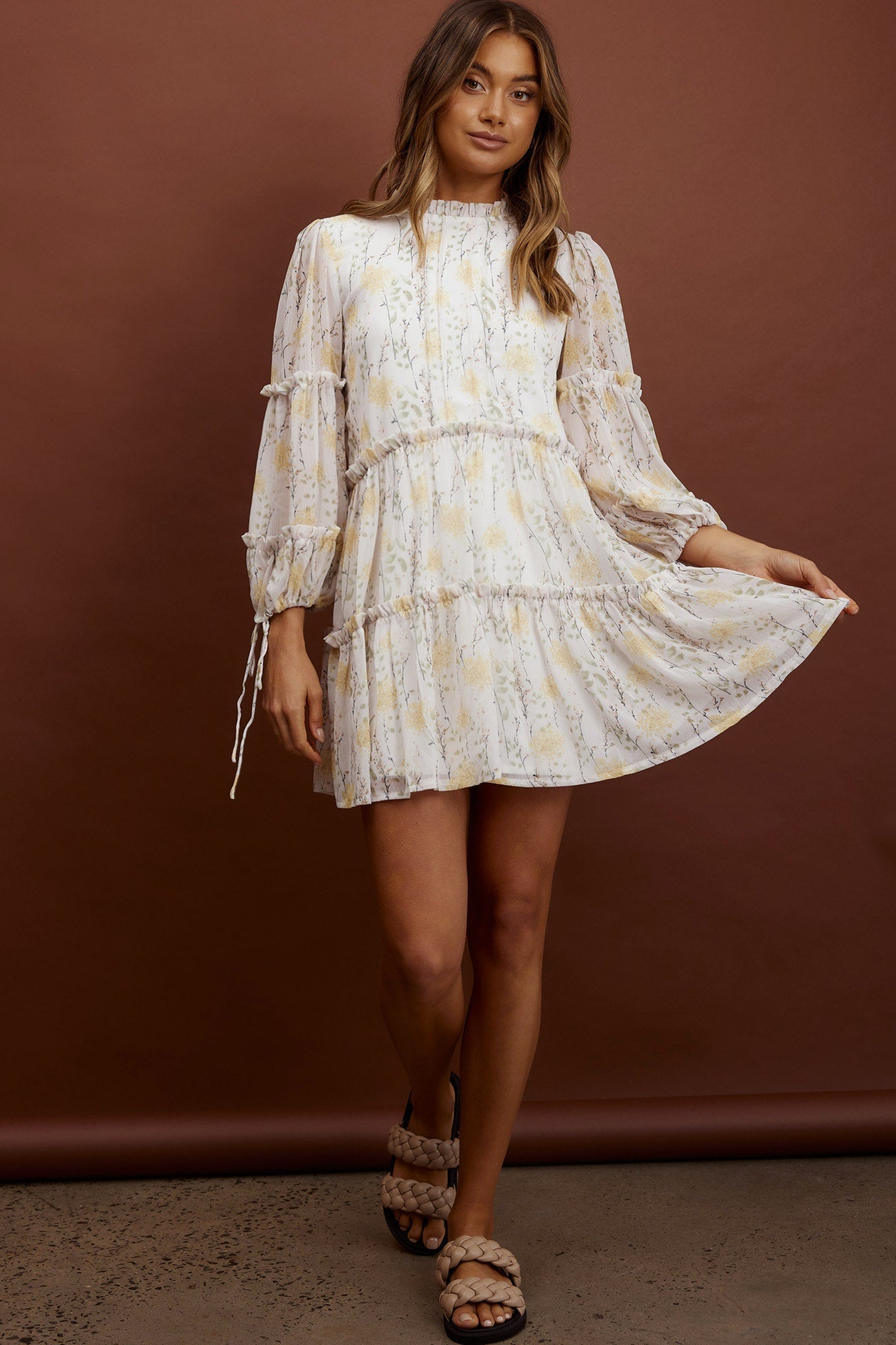 Beatrix High Neck Balloon Sleeve Dress Floral Yellow