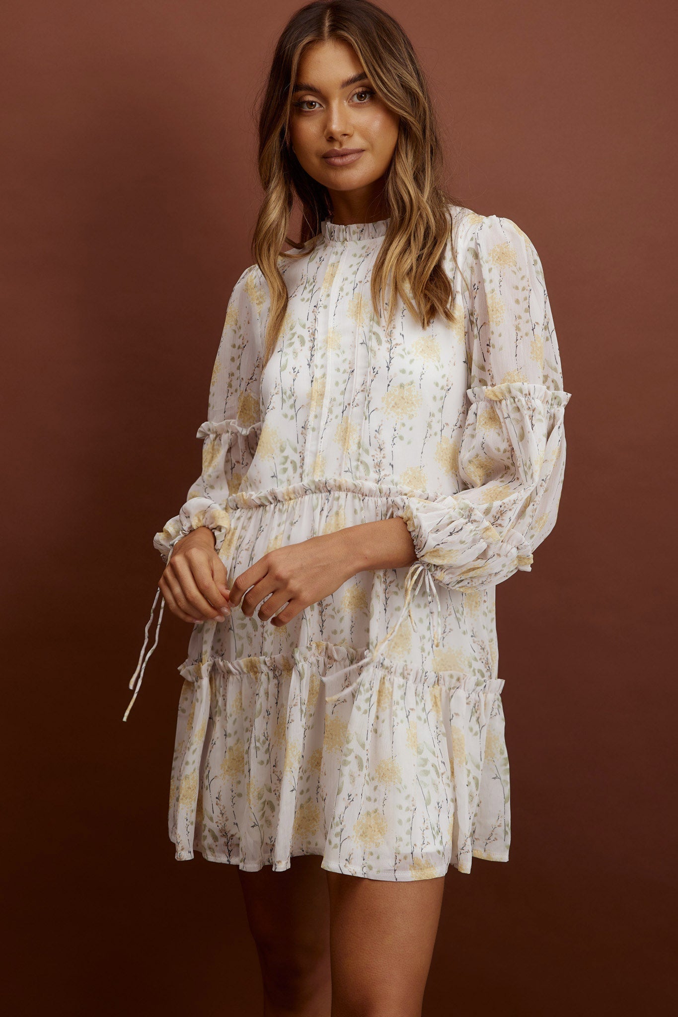 Beatrix High Neck Balloon Sleeve Dress Floral Yellow