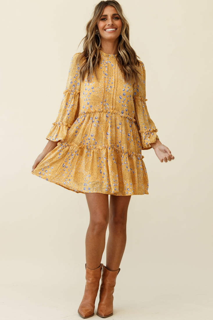 Beatrix High Neck Bell Sleeve Dress Droplet Print Yellow