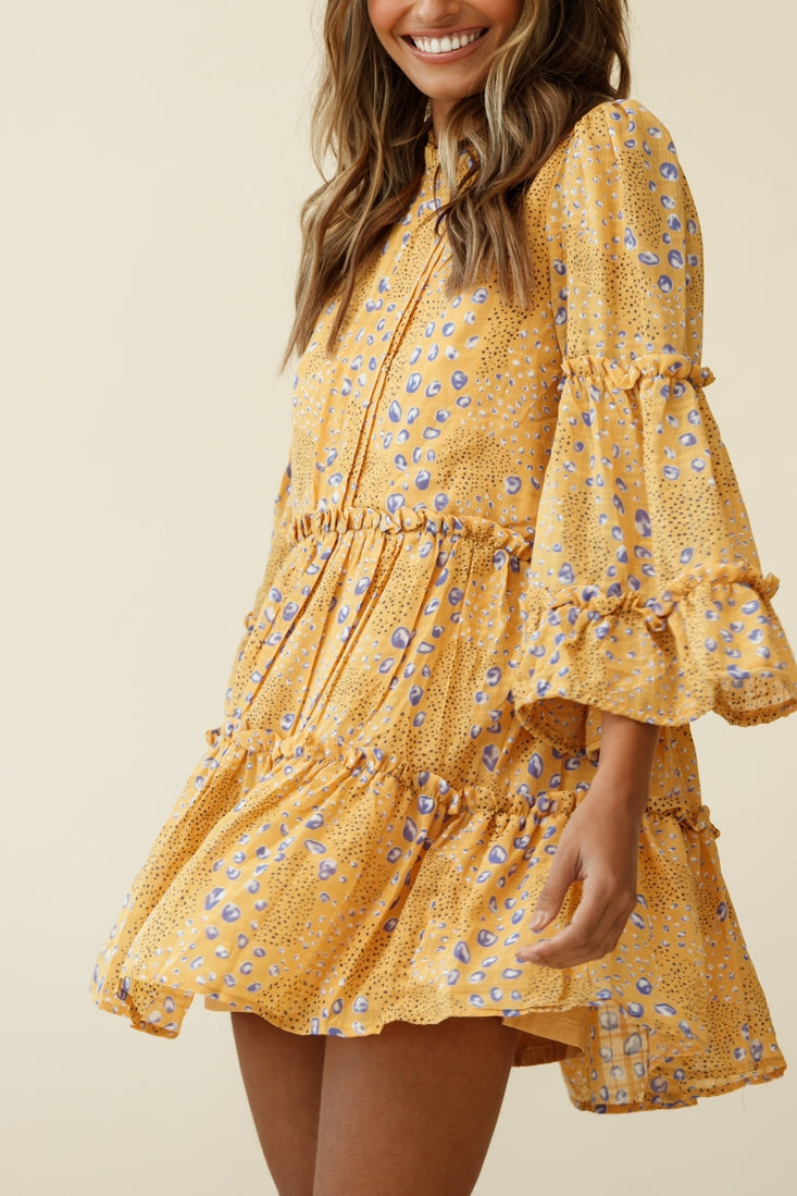 Beatrix High Neck Bell Sleeve Dress Droplet Print Yellow