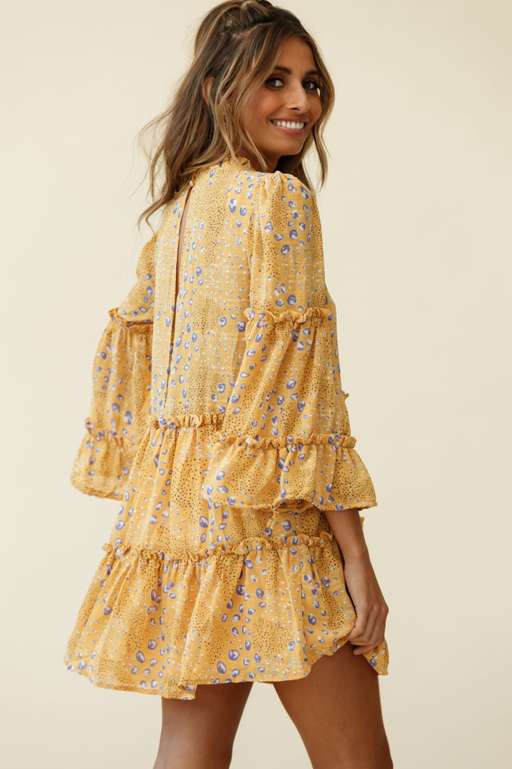Beatrix High Neck Bell Sleeve Dress Droplet Print Yellow