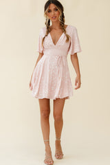 Dina V-Neckline Angel Sleeve Summer Dress Floral Print Pink