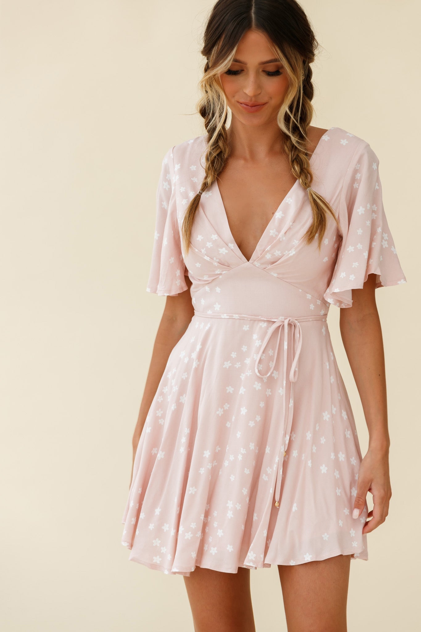 Dina V-Neckline Angel Sleeve Summer Dress Floral Print Pink
