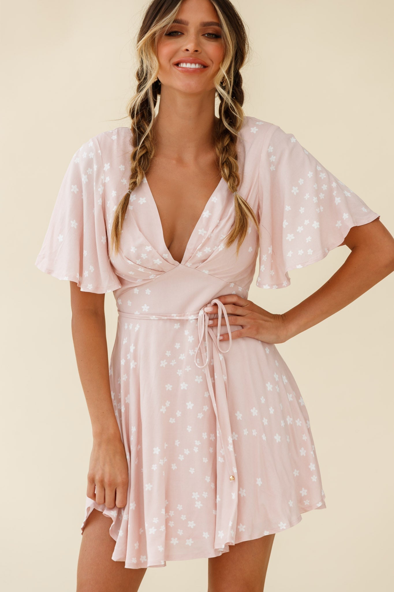 Dina V-Neckline Angel Sleeve Summer Dress Floral Print Pink