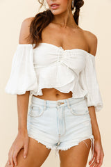 Avaline Balloon Sleeve Ruched Bust Bardot Top White