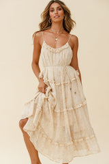 Daybreak Frill Trim String Tie Waist Midi Dress Floral Print Beige