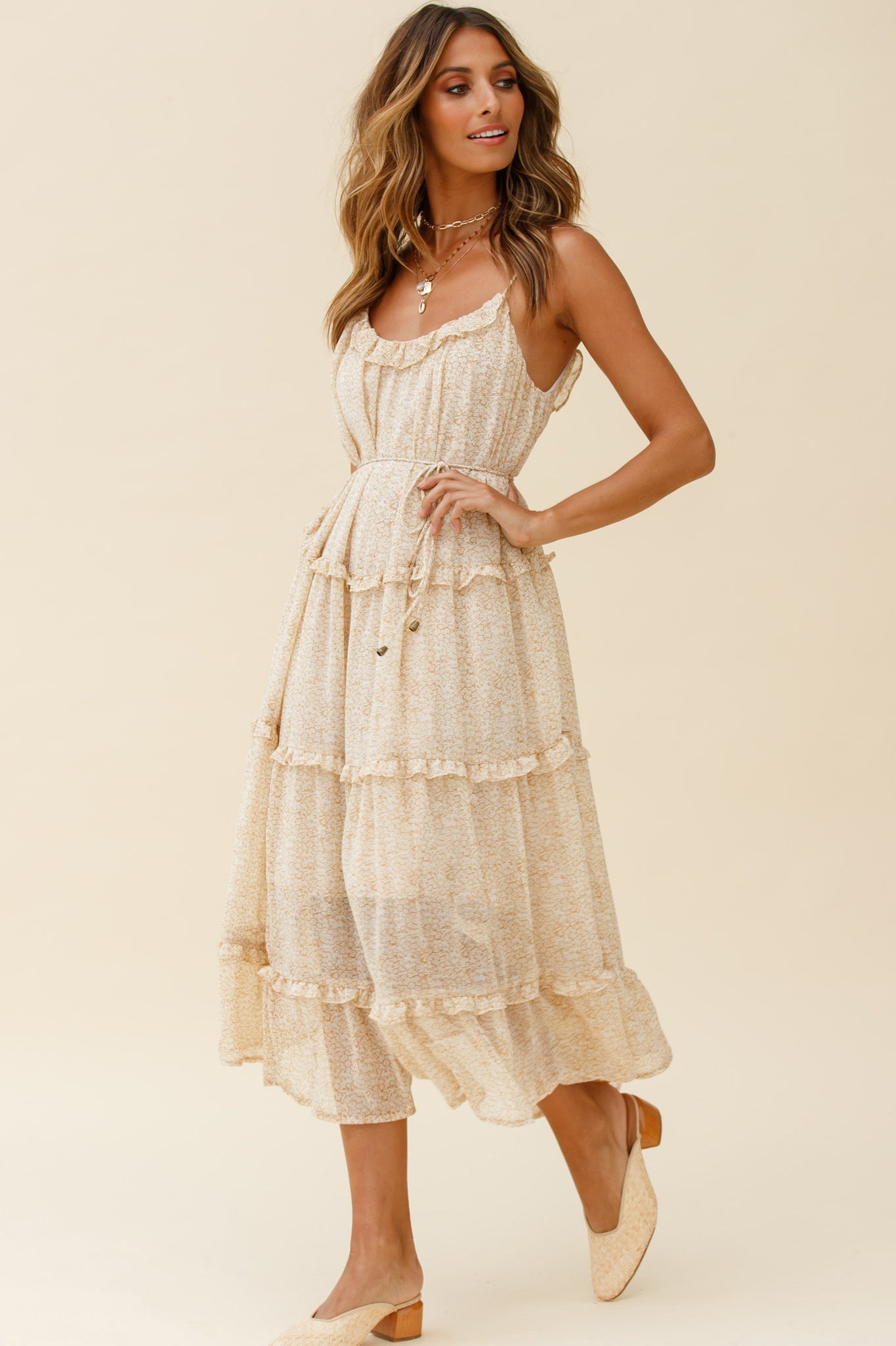 Daybreak Frill Trim String Tie Waist Midi Dress Floral Print Beige