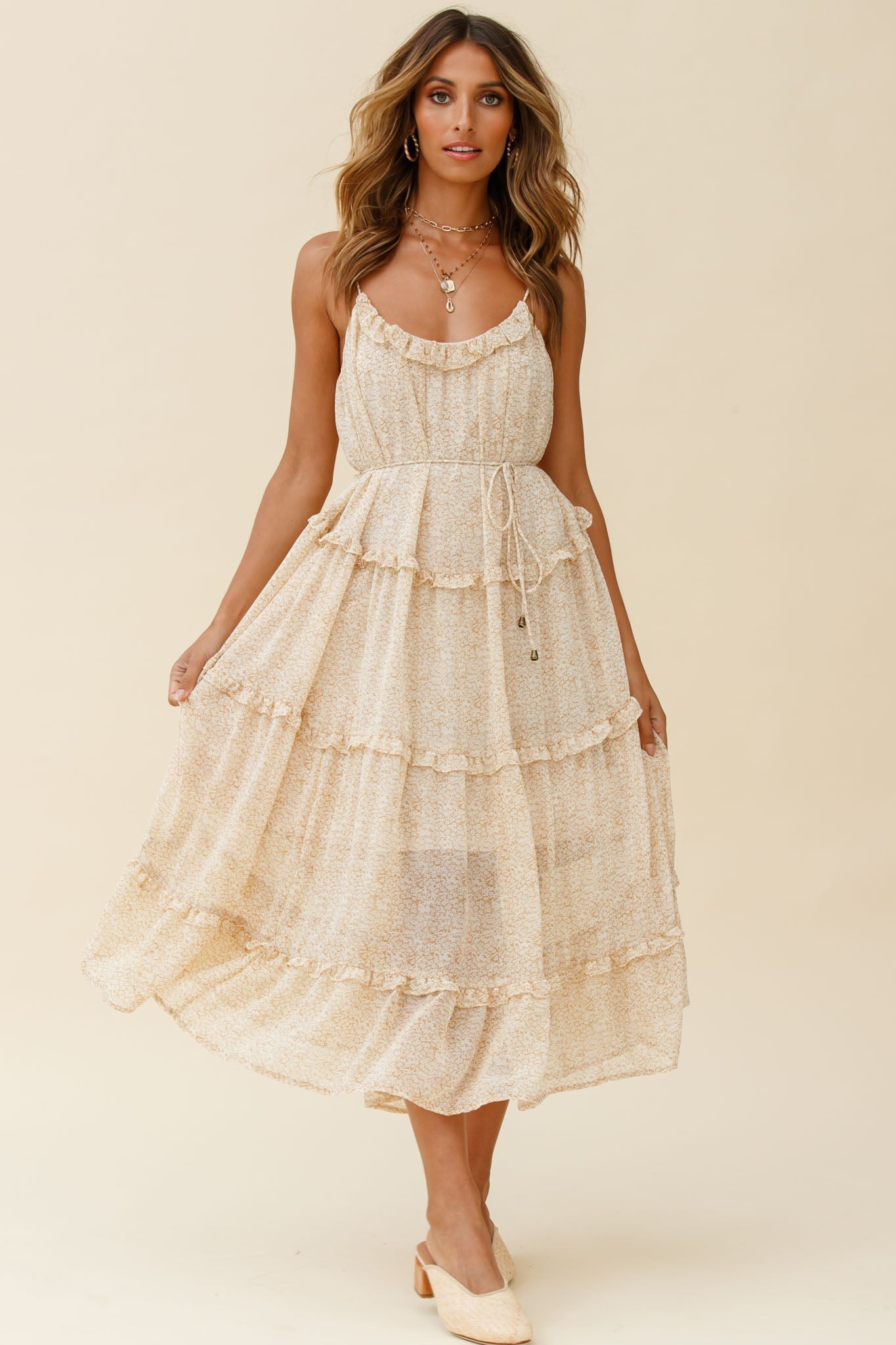 Daybreak Frill Trim String Tie Waist Midi Dress Floral Print Beige