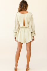 Believe It Or Not Long Sleeve Drawstring Romper Sprinkle Print Green