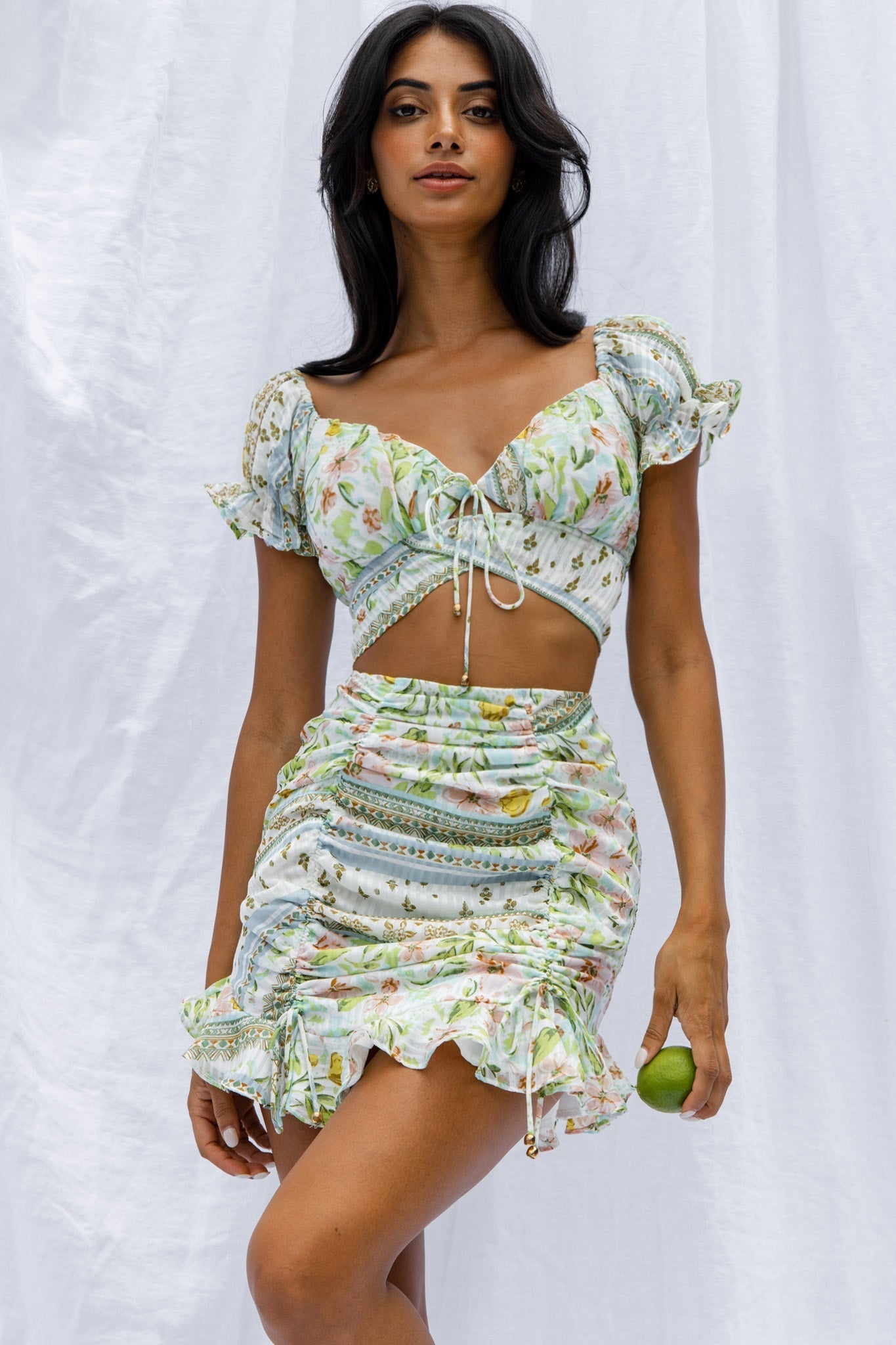 Azure Sky Ruched Mini Skirt Printed Green