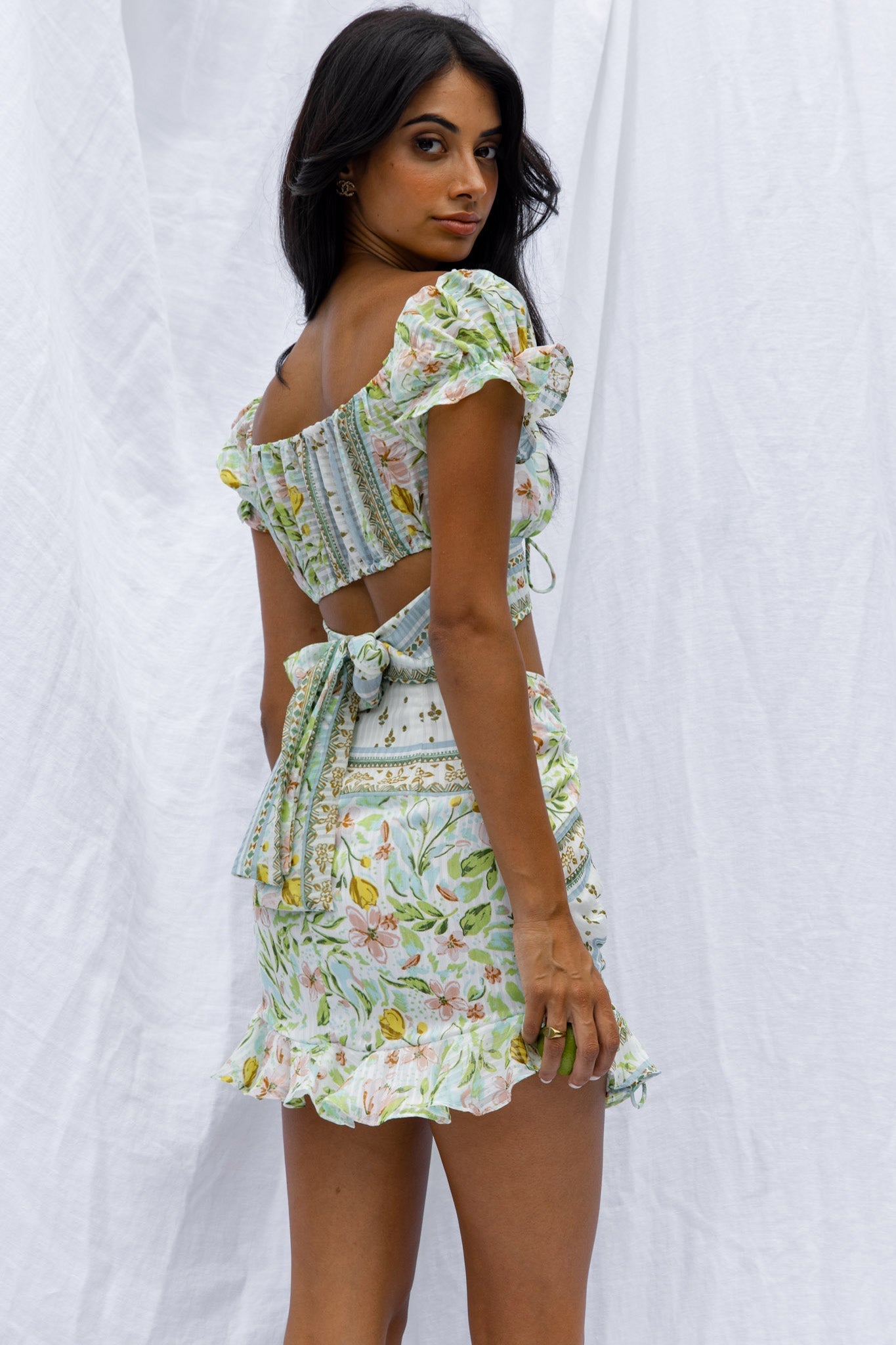 Azure Sky Ruched Mini Skirt Printed Green