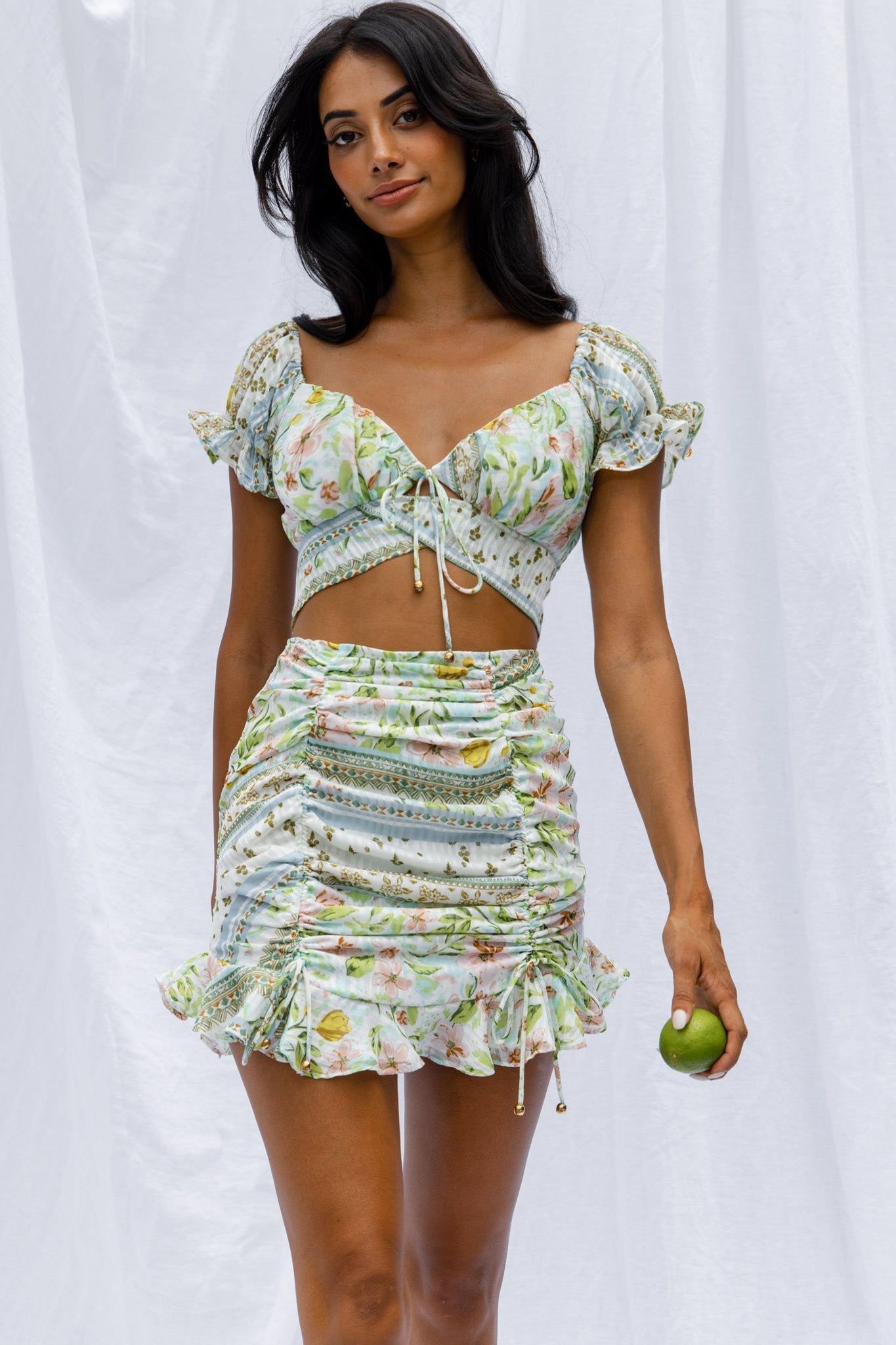 Azure Sky Ruched Mini Skirt Printed Green