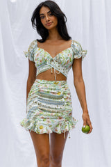 Azure Sky Ruched Mini Skirt Printed Green