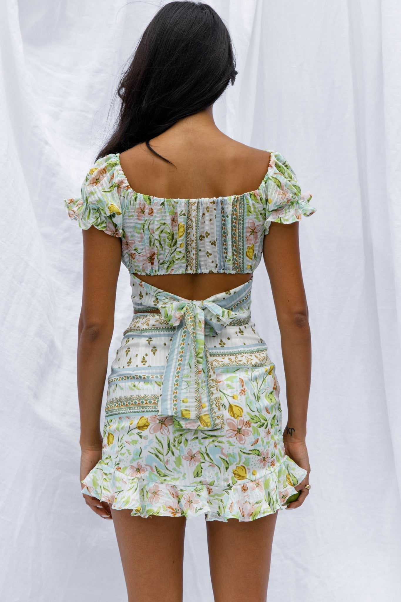 Azure Sky Ruched Mini Skirt Printed Green