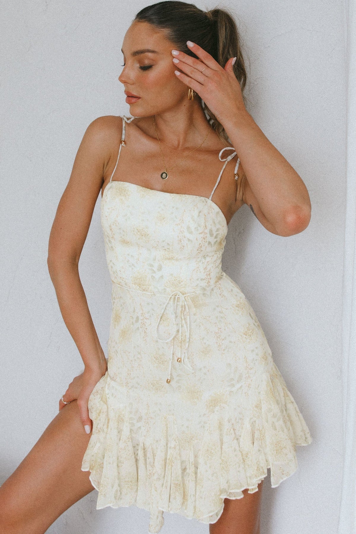 Charliza String Tie Godet Hem Dress Floral Mint