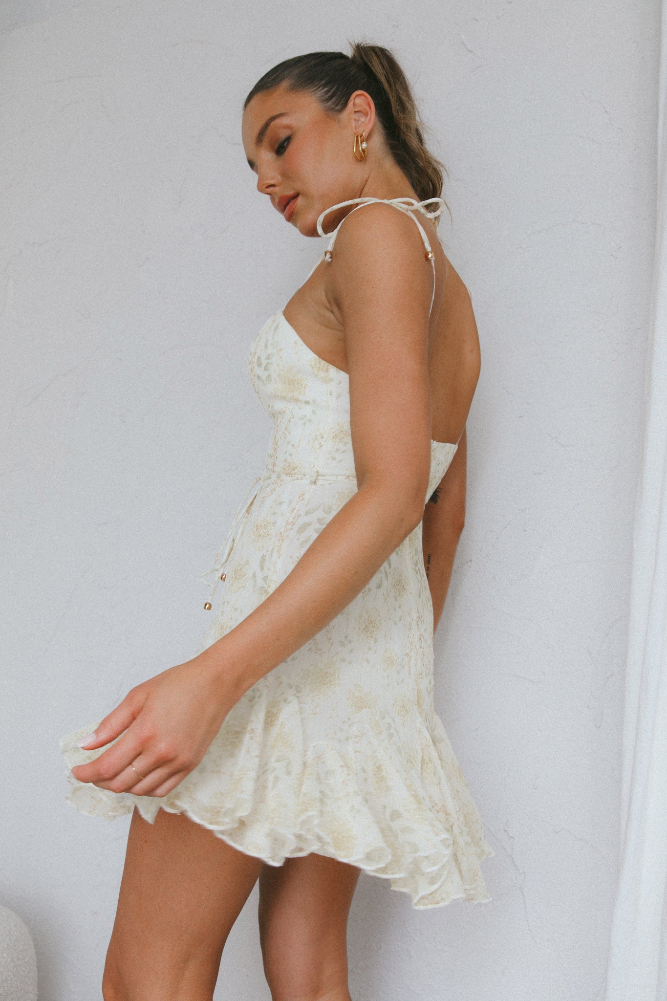 Charliza String Tie Godet Hem Dress Floral Mint