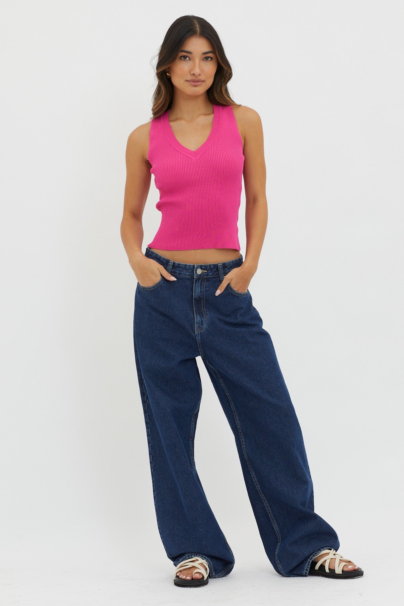 D'Lila V-Neck Ribbed Knit Top Hot Pink