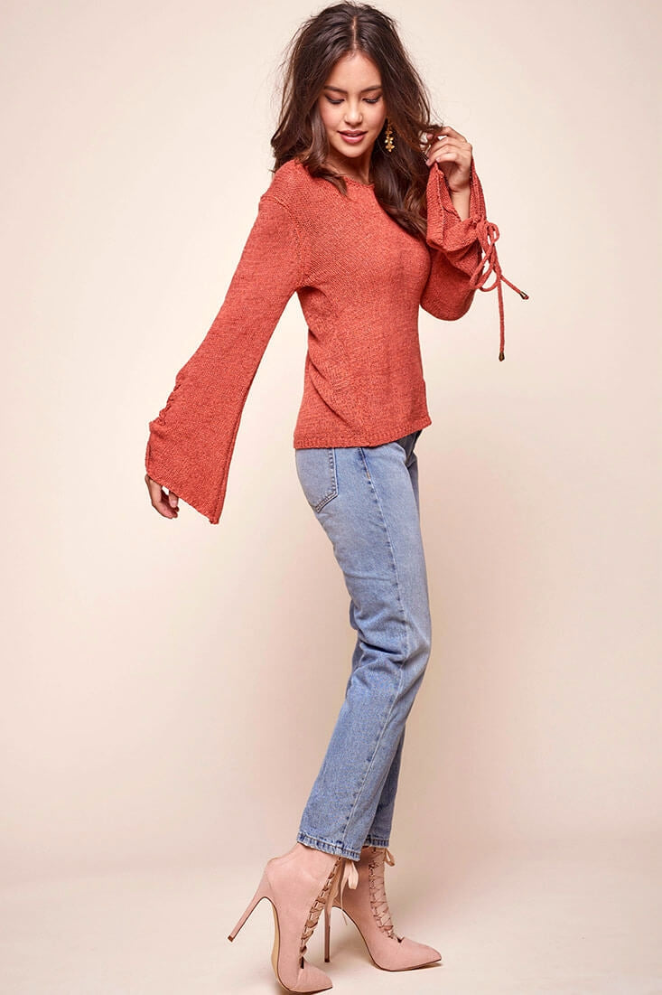 Cairo Knitted Long Tie Sleeved Top Rust