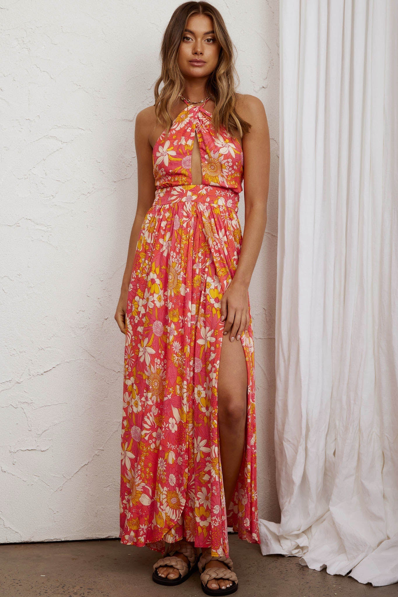 Athena High Split Maxi Dress Retro Floral Orange