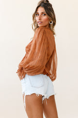 Darla Tie Front Balloon Sleeve Top Stripe Pattern Tan