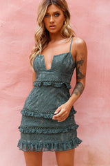 Dear Lover Cami Strap Frill Detail Lace Dress Green