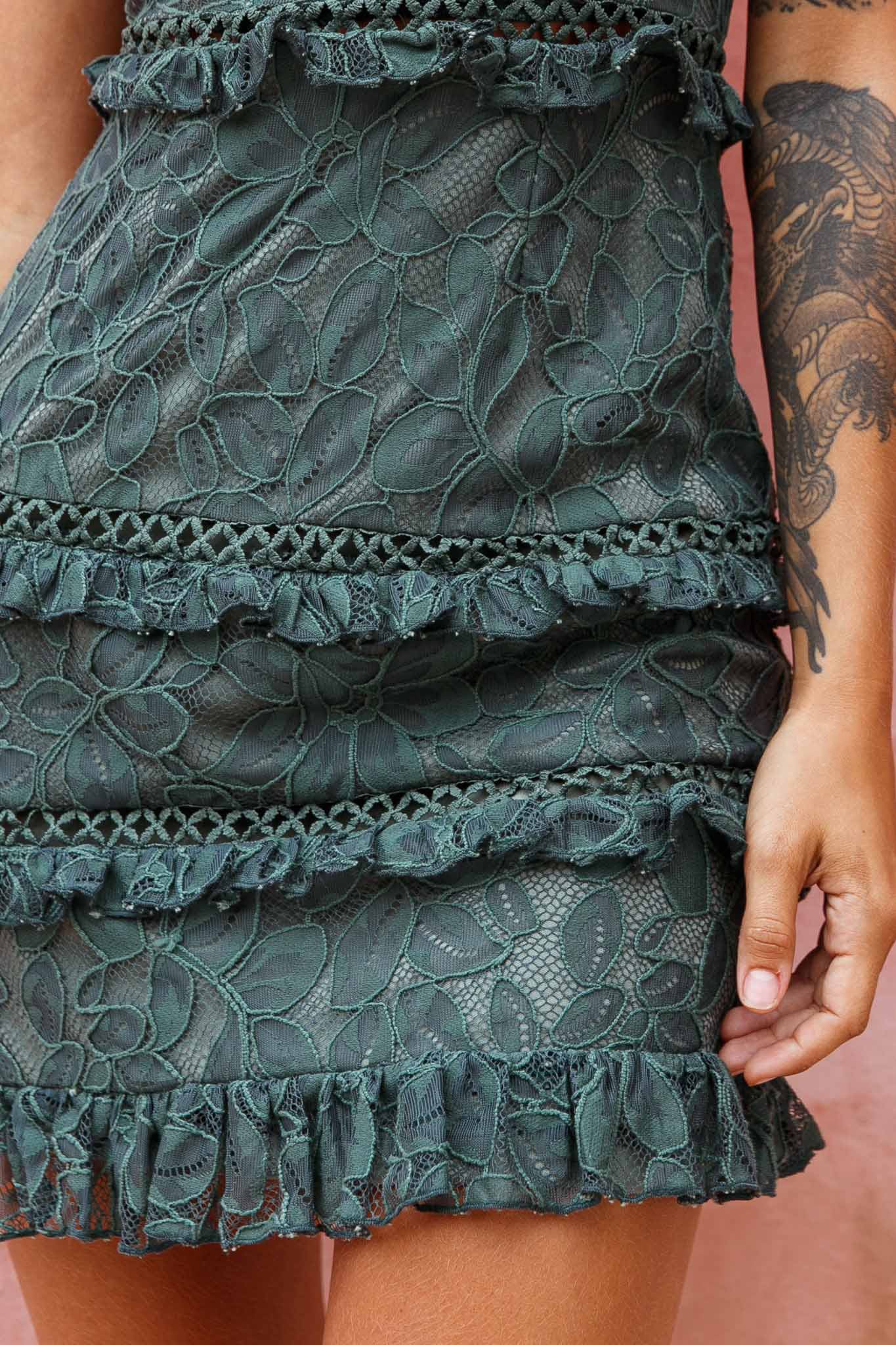 Dear Lover Cami Strap Frill Detail Lace Dress Green