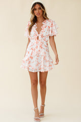 Aubrey Tied Bust Ruffle Trim Dress Floral Print Pink