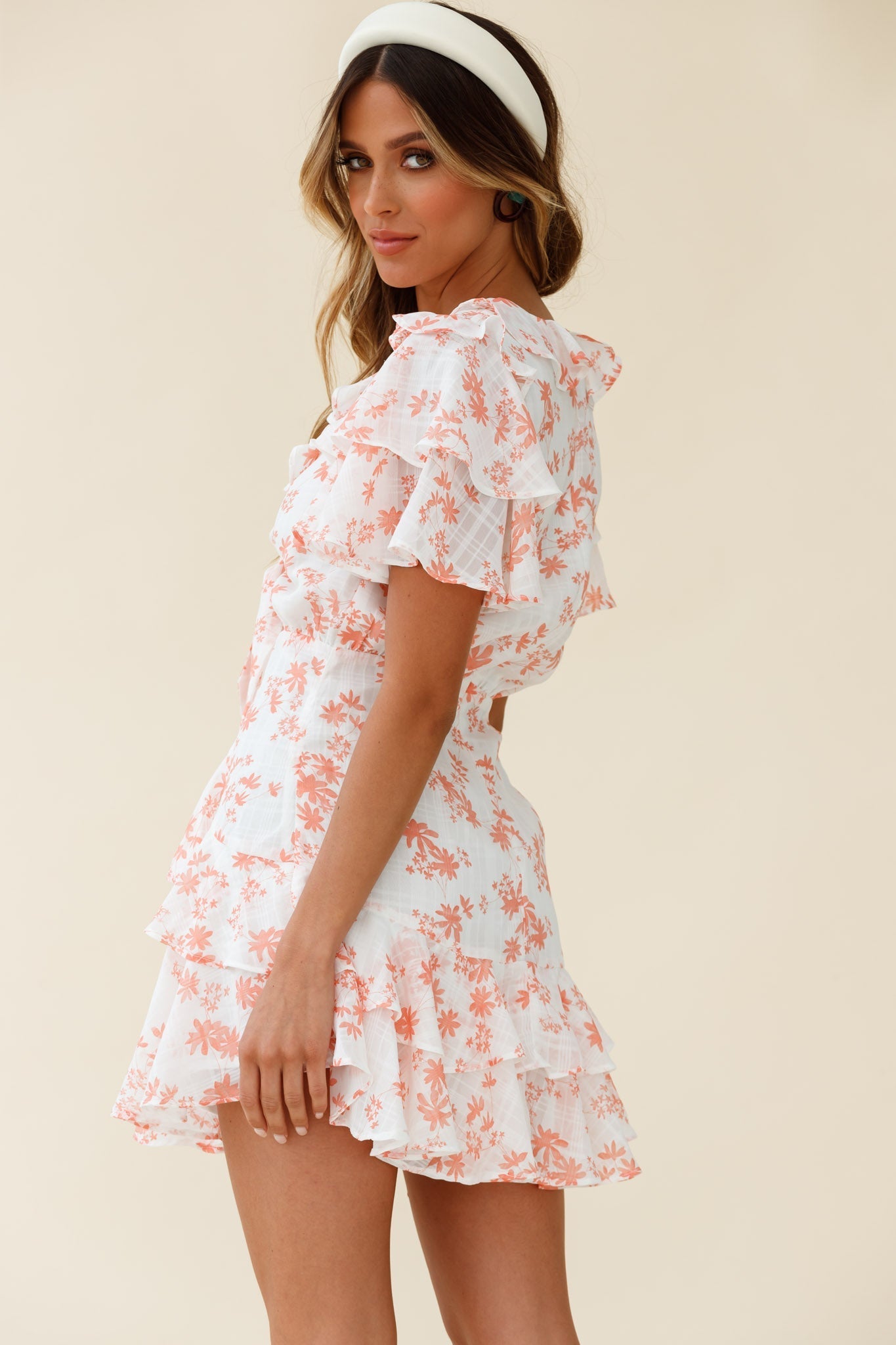 Aubrey Tied Bust Ruffle Trim Dress Floral Print Pink