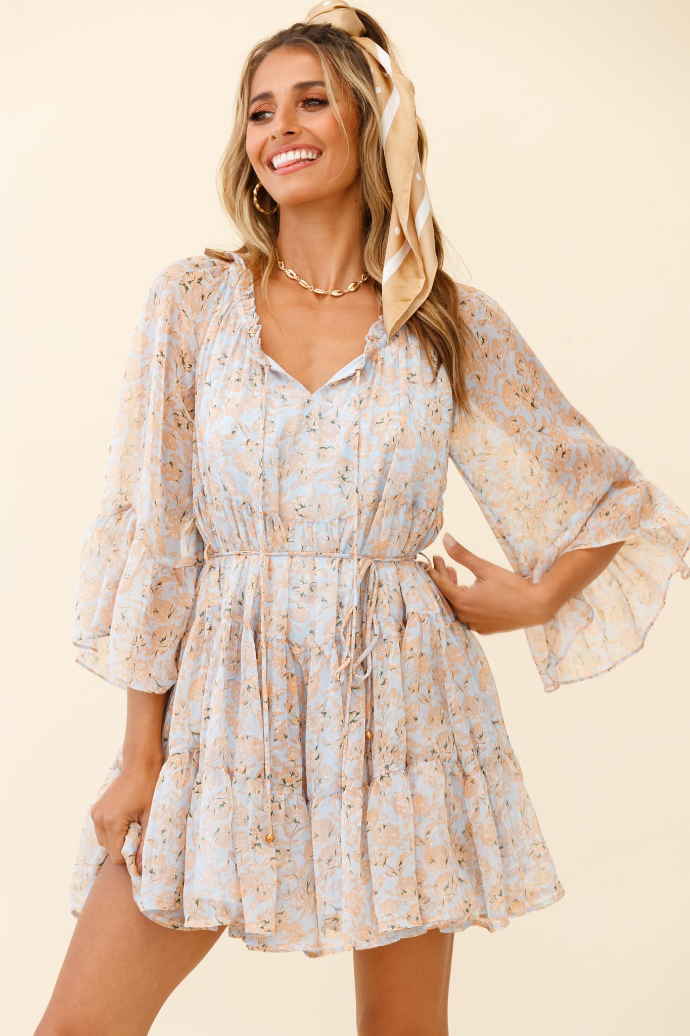 Called It Ruffle Trim Bell Sleeve Dress Floral Print Blue/Orange